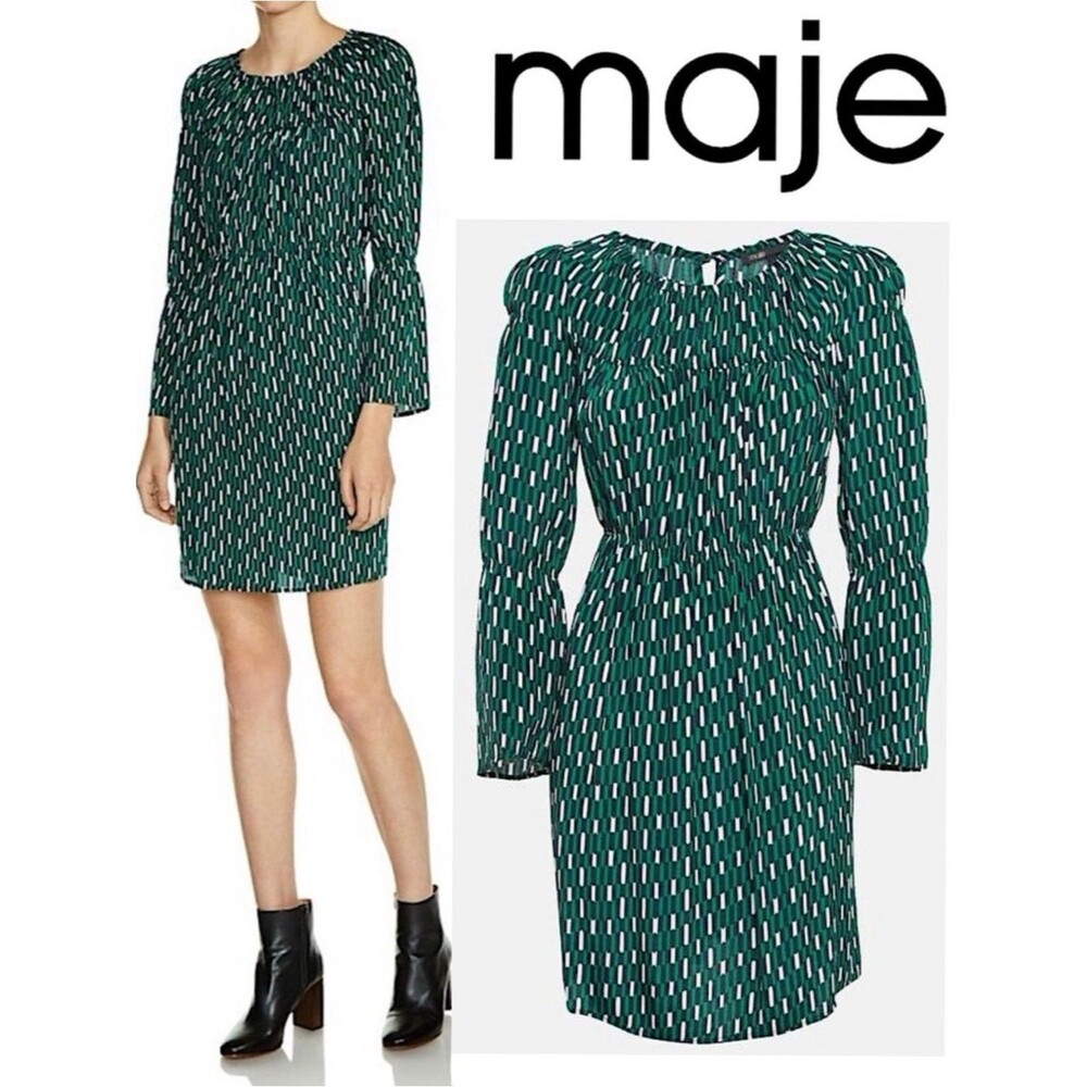Maje Revalou Geometric Silk Blend Long Sleeve Mini Dress Green White Black 1 S